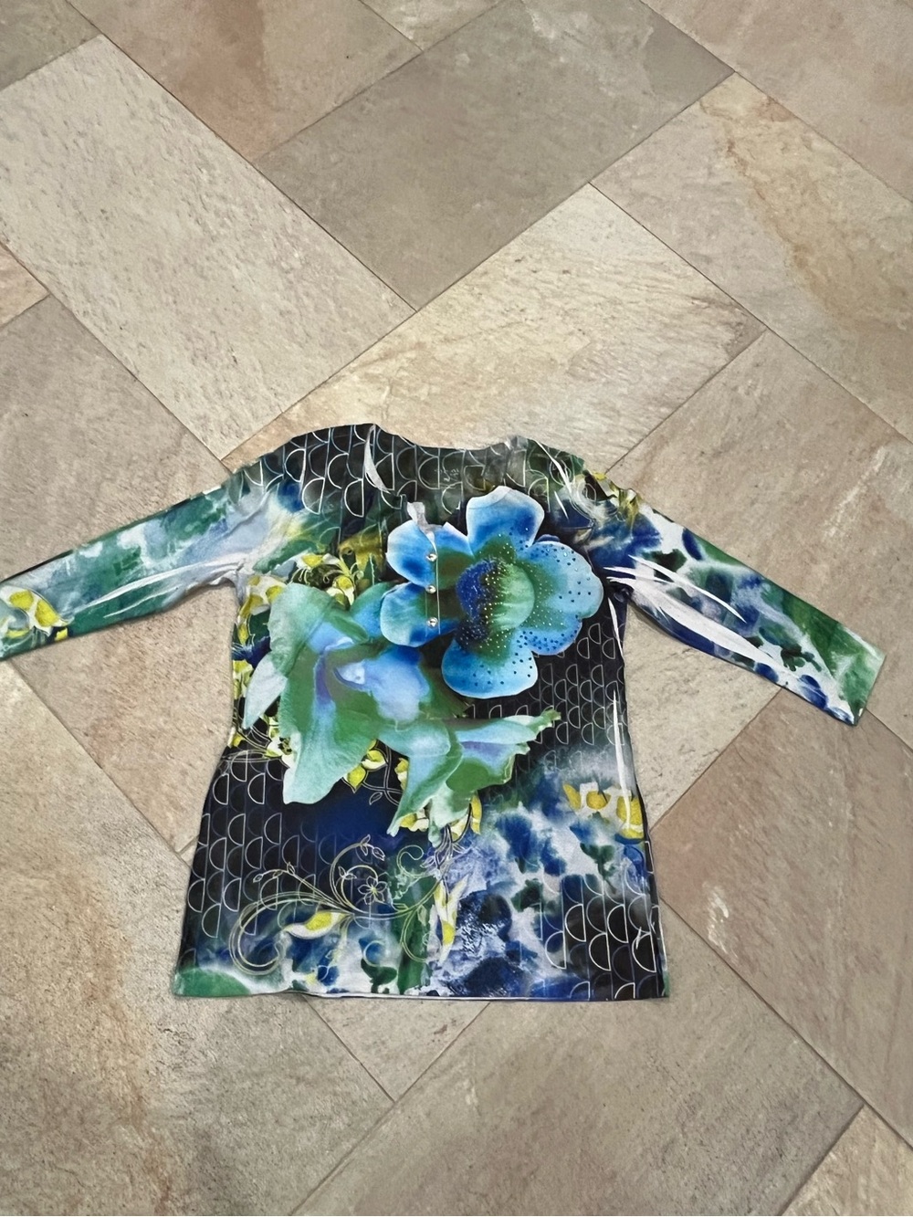 Style & Co. Floral Long Sleeve Top - Blue, Green & Black